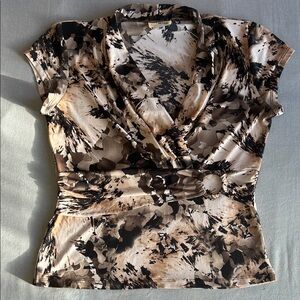 Abstract Print Wrap-Style Top with Fixed Belt Detail